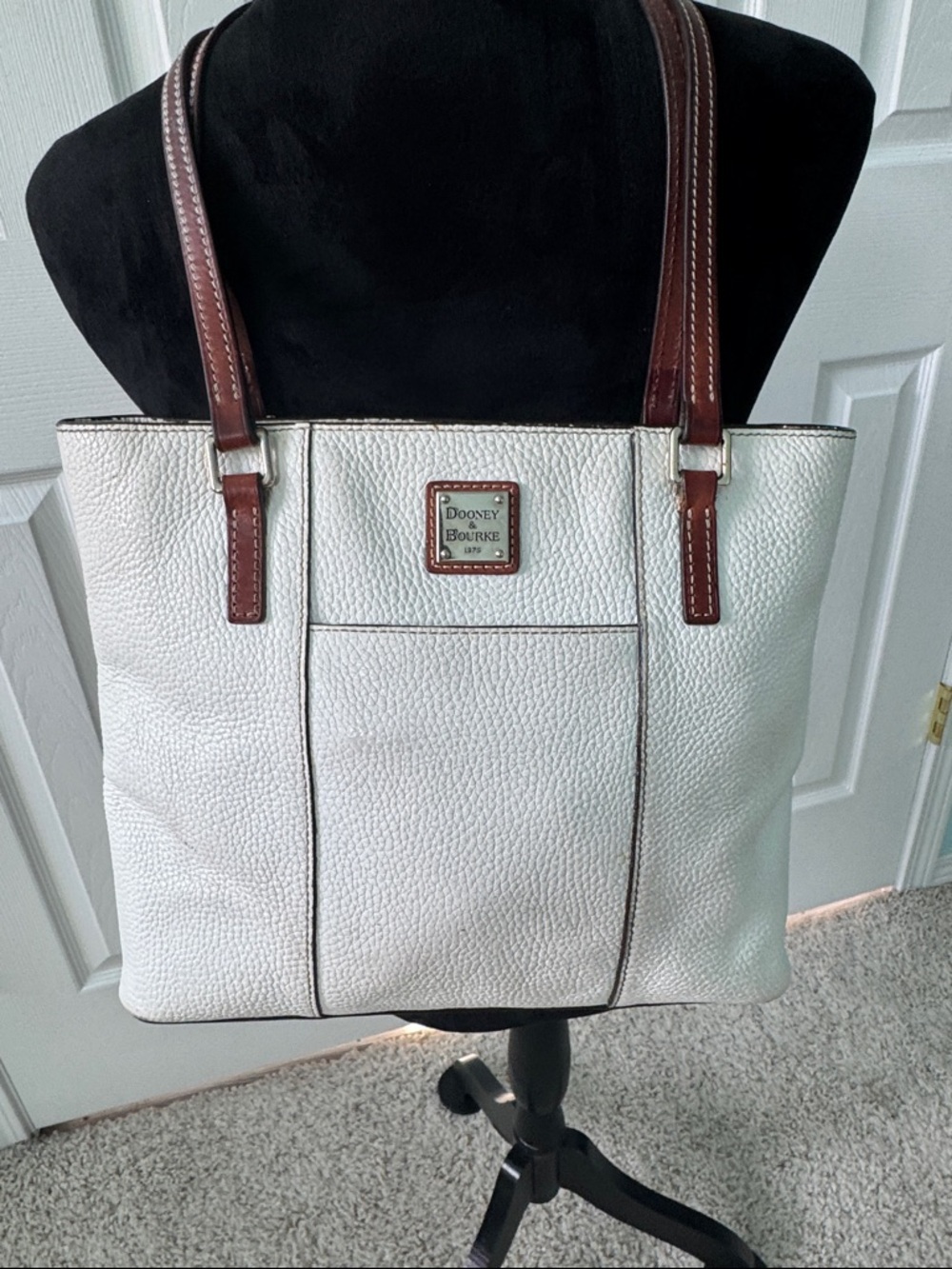 Dooney & Bourke White Pebbled Leather Tote with Brown Straps